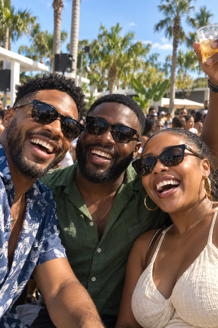 A group in sunglasses laughing together in bright sunshine.