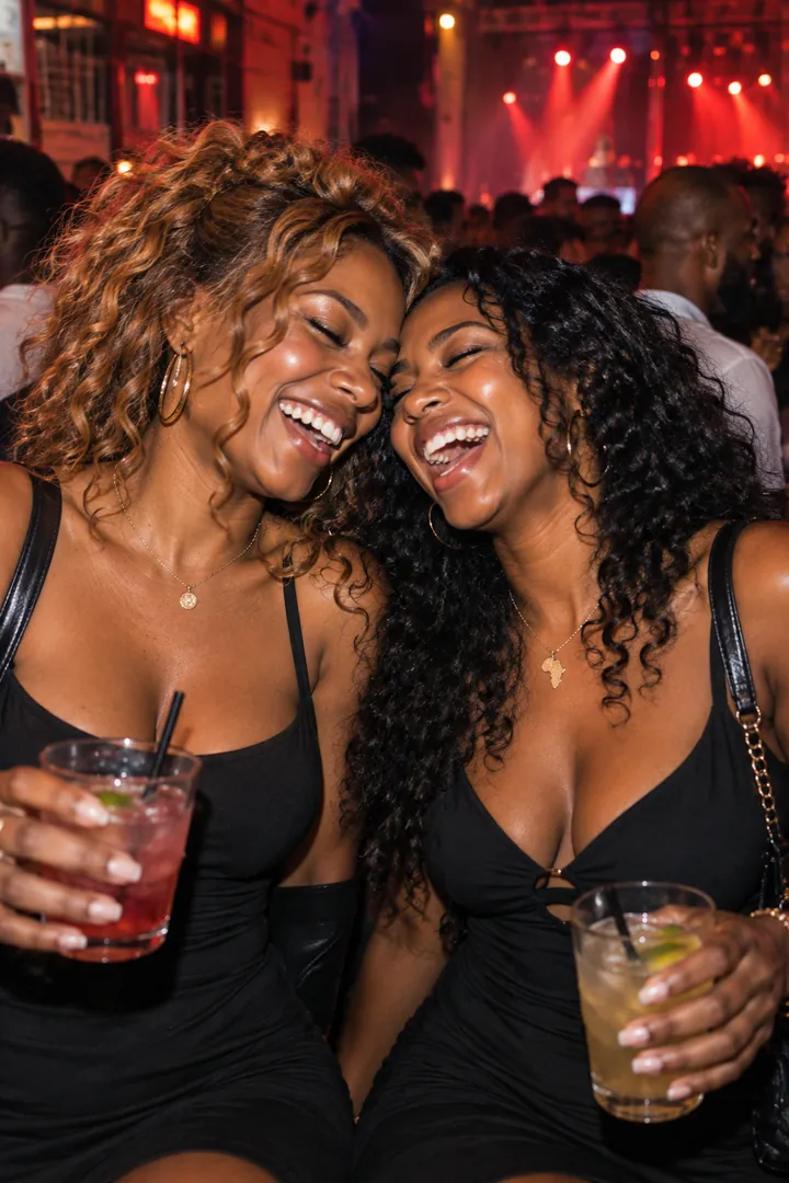 Two women laughing together with drinks in hand.