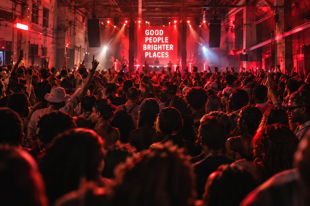 A large crowd with hands raised under red light at an indoor party.
