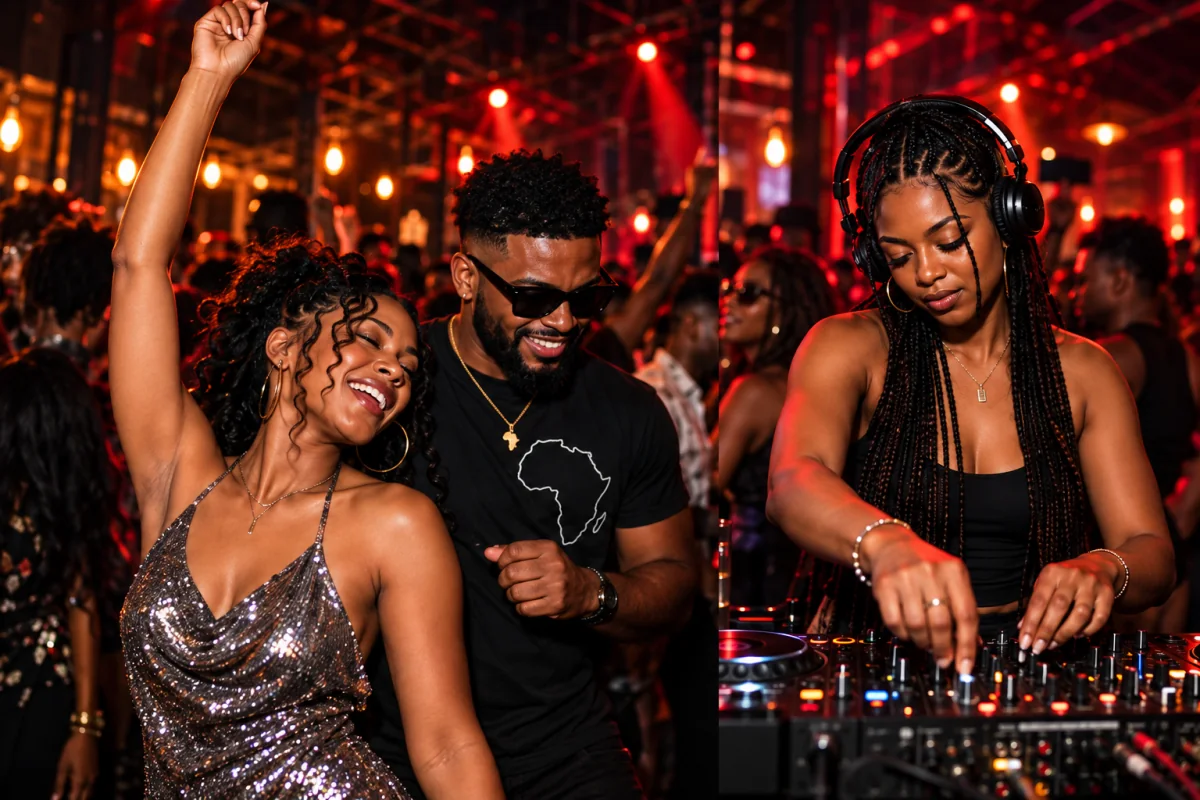 A dancer enjoying the music beside a guest DJ at the decks