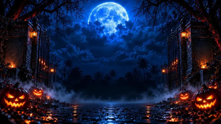 Moonlit gates and pumpkins artwork for the AFROLAND UNRATED Montréal Halloween Day Party