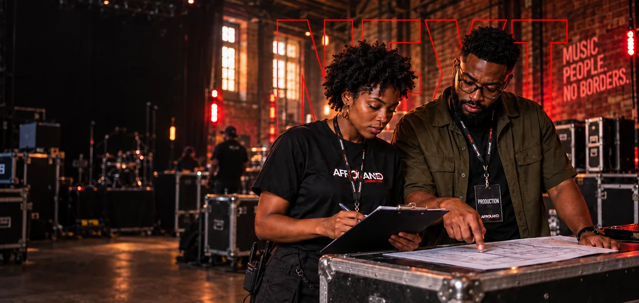 Two AFROLAND UNRATED production coordinators reviewing a floor plan together backstage