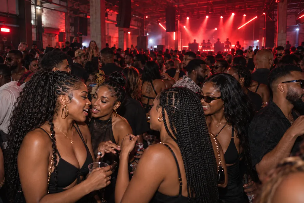 A red-lit dancefloor at night with people smiling and dancing close together.