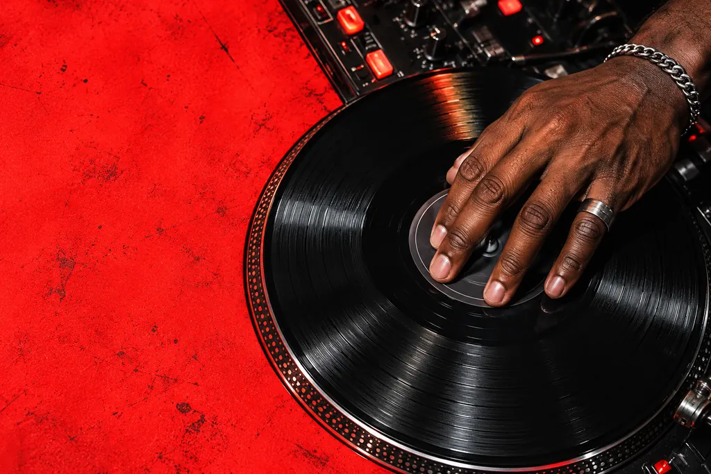 A hand resting on a spinning record beside a deep red textured surface.