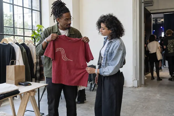 A streetwear seller showing a red T-shirt to a visitor at a pop-up