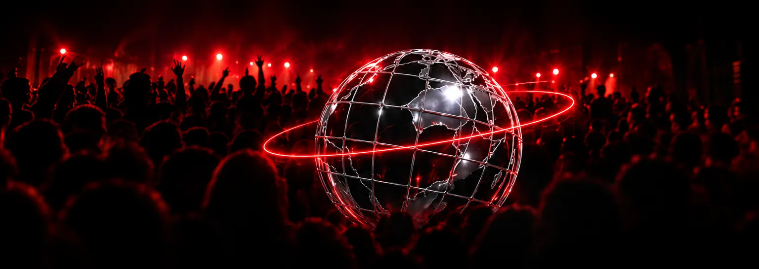 A metallic globe wrapped in a red orbit line above a red-lit crowd
