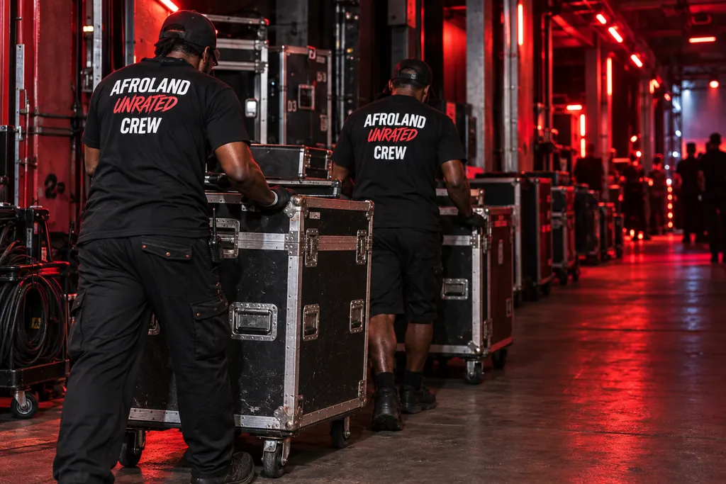 Two crew members in AFROLAND UNRATED shirts rolling road cases through a loading area.
