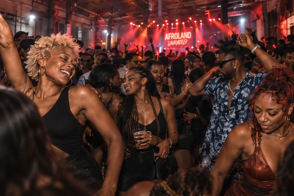 People dancing shoulder to shoulder in a packed room lit by red stage light.