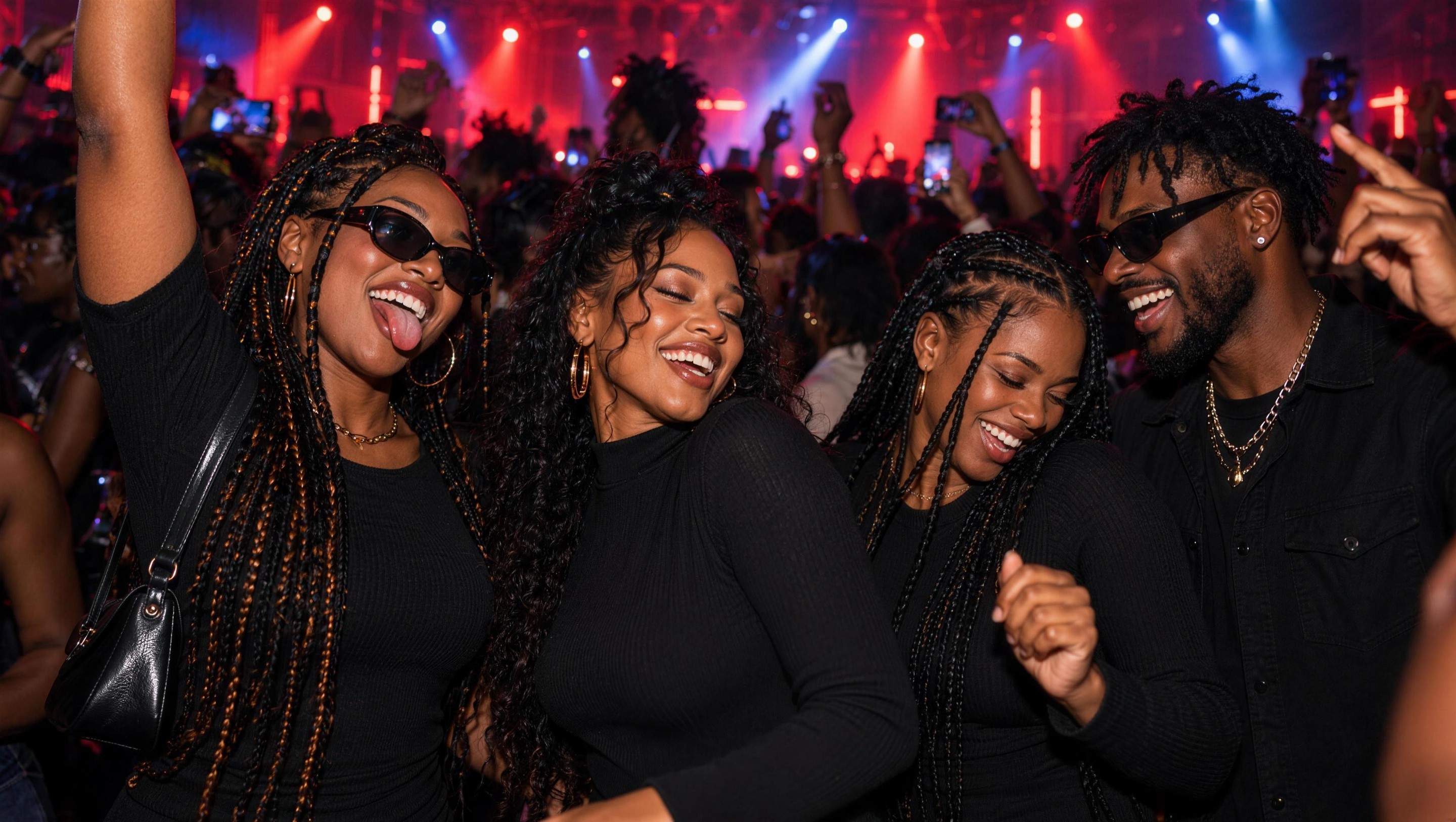 Friends dancing together at an AFROLAND UNRATED edition