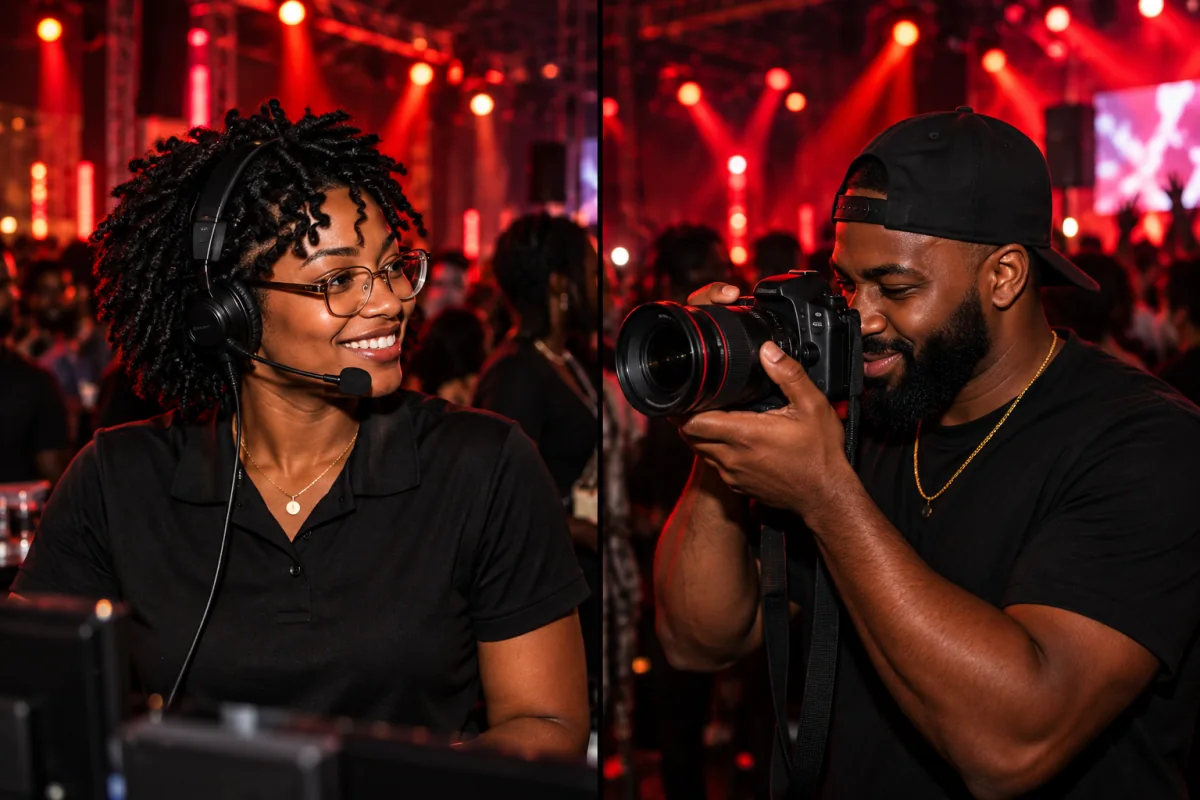 A guest reception host welcoming an attendee with a tablet; A photographer taking a photo inside an event venue