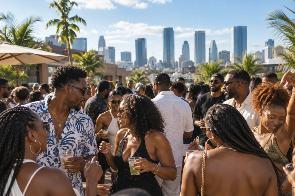 A daytime outdoor crowd in sunglasses moving together with the city behind them.