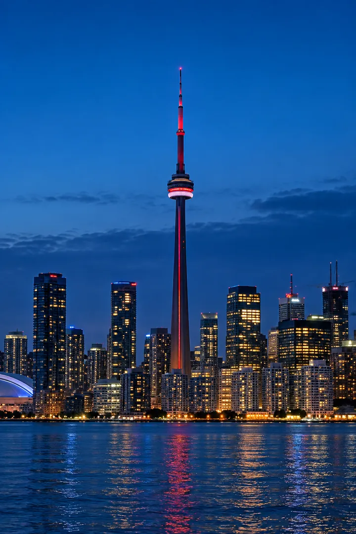 Toronto skyline with the CN Tower lit at dusk.
